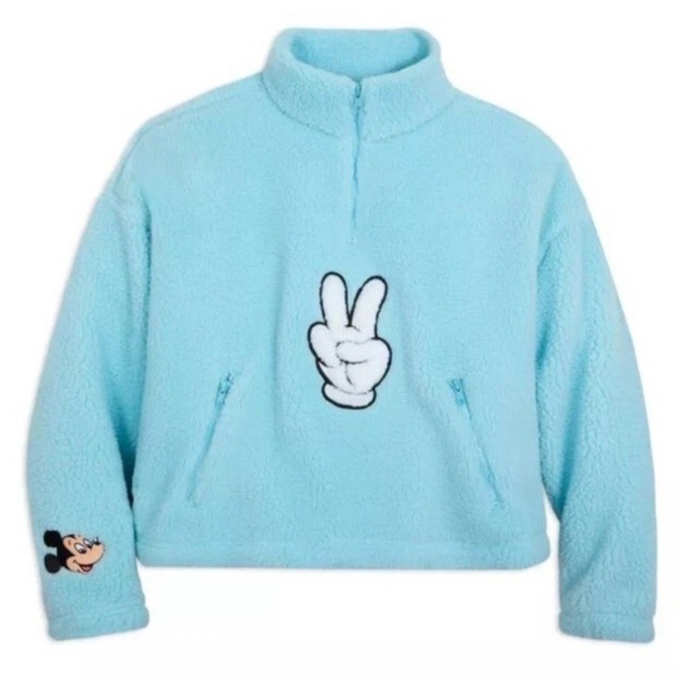 Disney Parks Mickey Mouse Peace Sign Blue Fleece Women's 3X Sherpa 1/4 Zip NEW